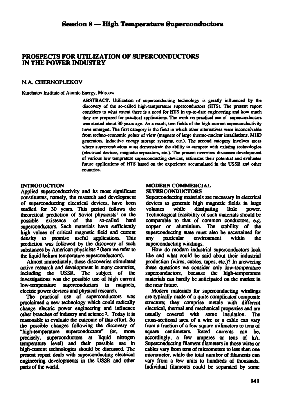 Prospects for Utilization of Superconductors in the Power Industry