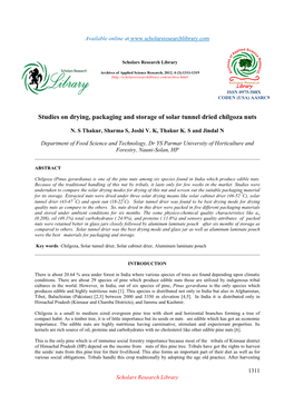 Studies on Drying, Packaging and Storage of Solar Tunnel Dried Chilgoza Nuts