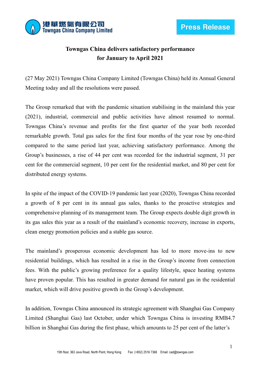 27 May 2021 Towngas China Delivers Satisfactory Performance For