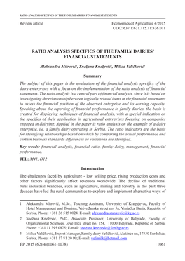 Ratio Analysis Specifics of the Family Dairies' Financial