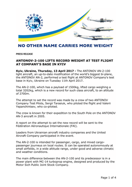 Antonov-2-100 Lifts Record Weight at Test Flight at Company’S Base in Kyiv