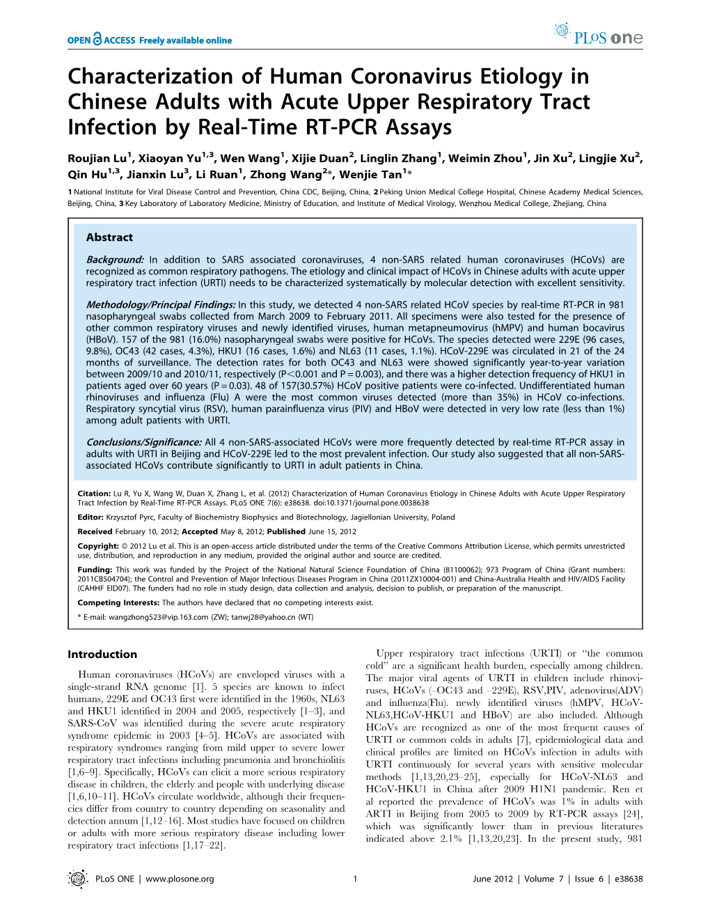 Characterization of Human Coronavirus Etiology in Chinese Adults with Acute Upper Respiratory Tract Infection by Real-Time RT-PCR Assays