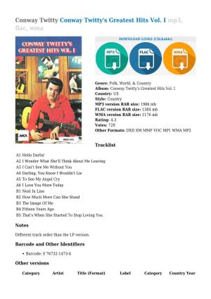 Conway Twitty's Greatest Hits Vol. I Mp3, Flac, Wma