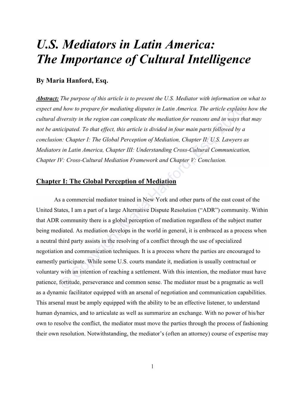 U.S. Mediators in Latin America: the Importance of Cultural Intelligence