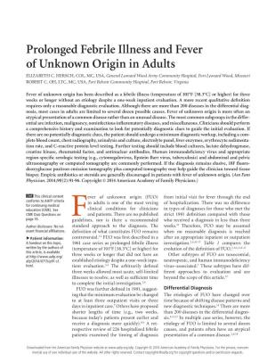 Prolonged Febrile Illness and Fever of Unknown Origin in Adults ELIZABETH C