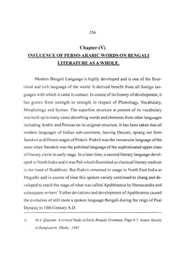 256 Chapter-(V) INFLUENCE of PERSO-ARABIC WORDS on BENGALI LITERATURE AS a WHOLE. Modern Bengali Language Is Highly Developed An