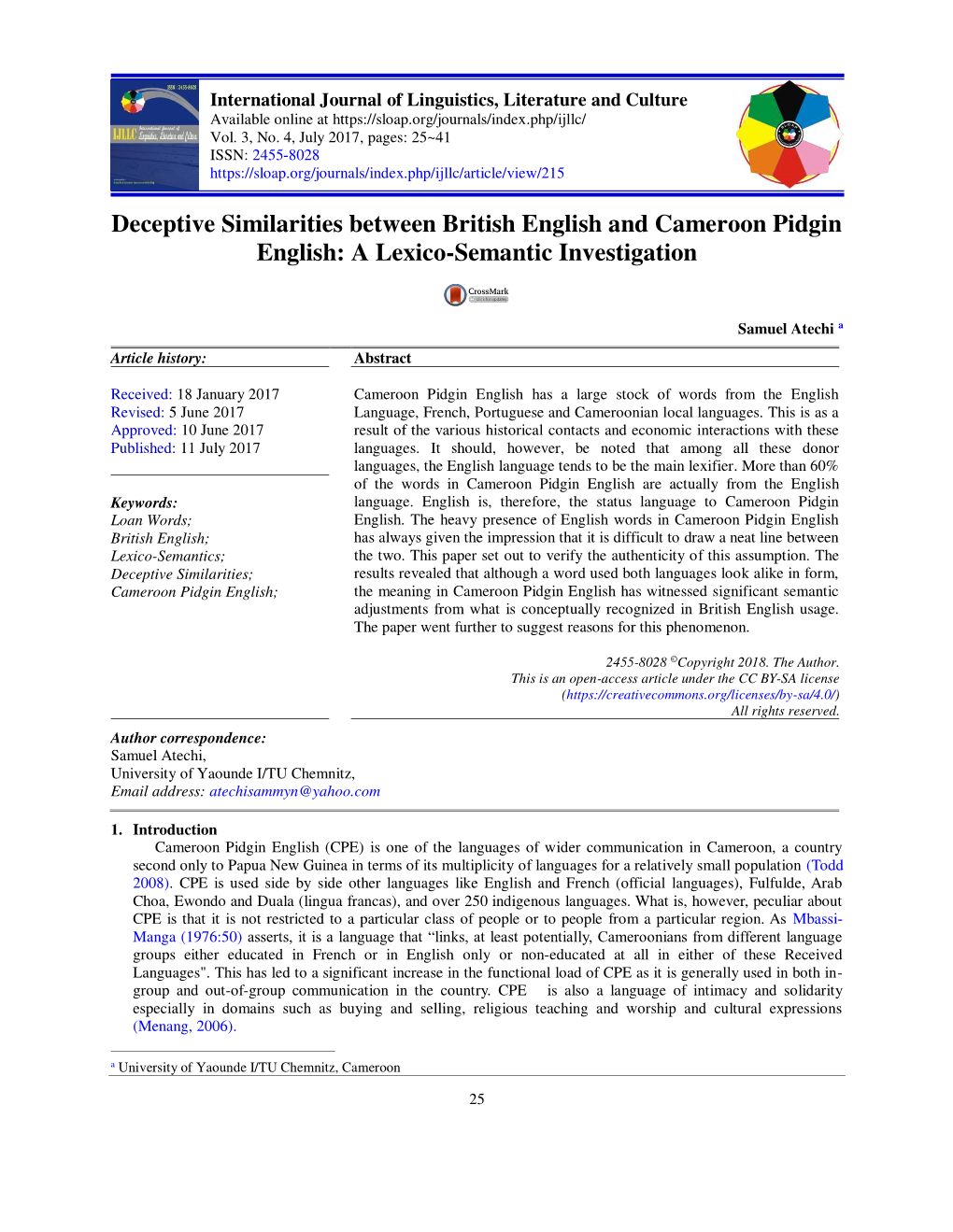 Deceptive Similarities Between British English and Cameroon Pidgin English: a Lexico-Semantic Investigation