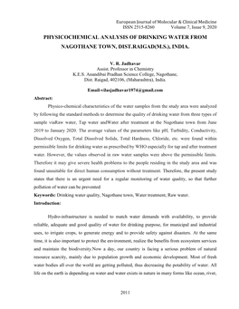 Physicochemical Analysis of Drinking Water from Nagothane Town, Dist.Raigad(M.S.), India