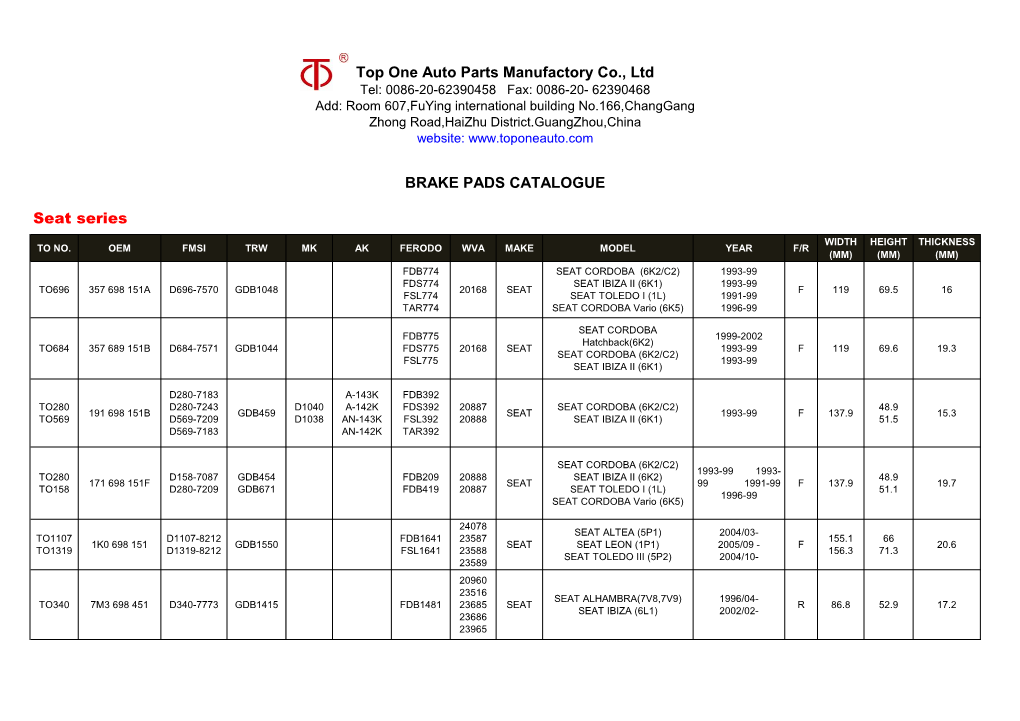 Top One Auto Parts Manufactory Co., Ltd Seat Series BRAKE PADS CATALOGUE