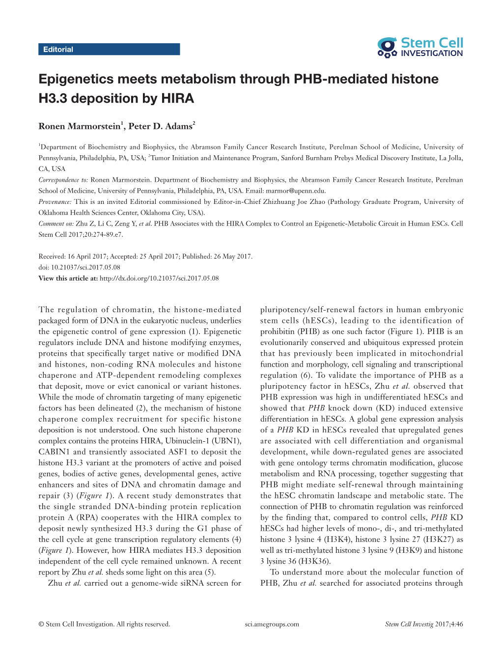 Epigenetics Meets Metabolism Through PHB-Mediated Histone H3.3 Deposition by HIRA