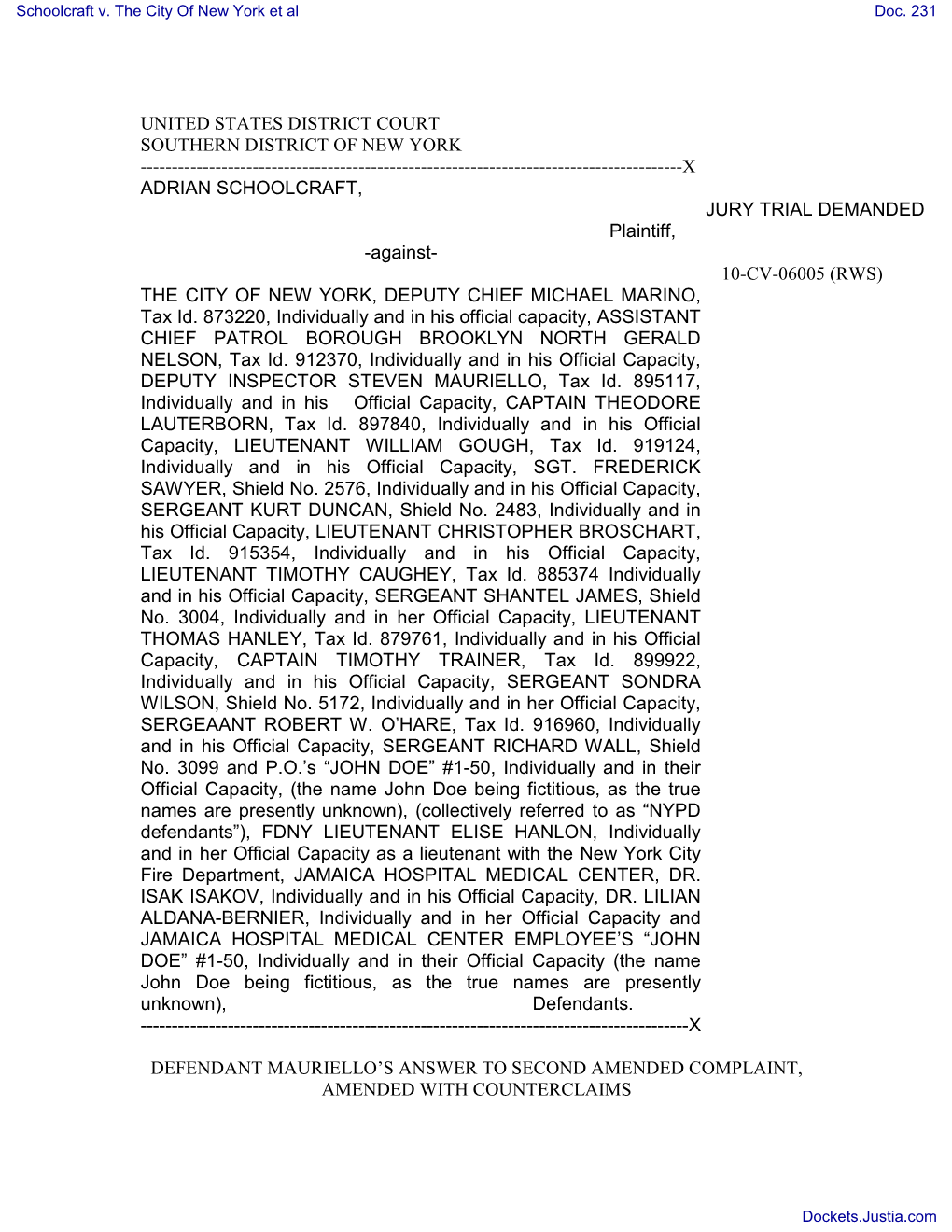 COUNTERCLAIM Against Adrian Schoolcraft.Document Filed By