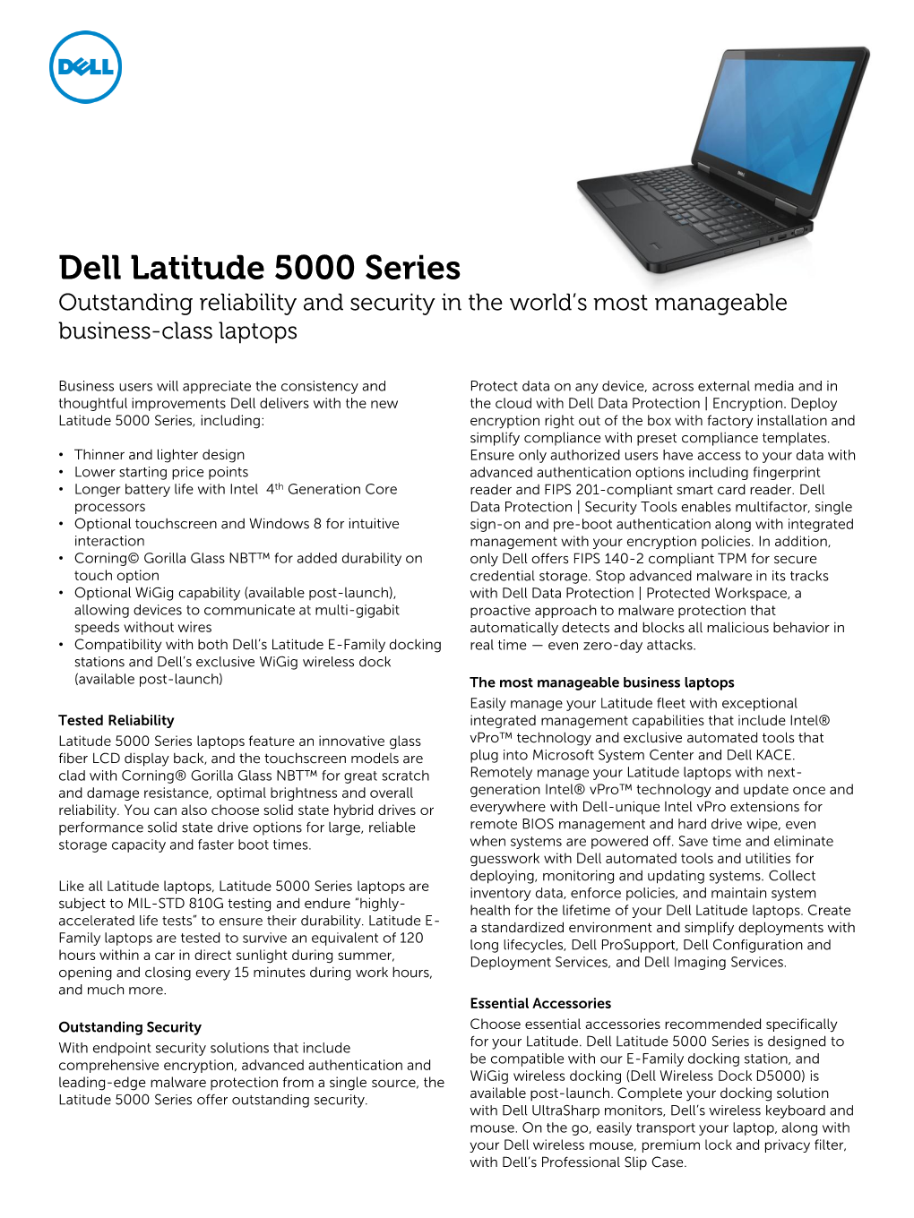 Dell Latitude 5000 Series Outstanding Reliability and Security in the World’S Most Manageable Business-Class Laptops