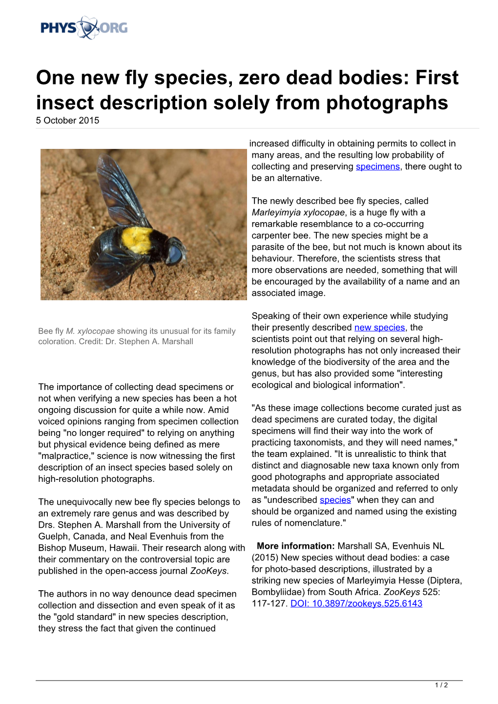 One New Fly Species, Zero Dead Bodies: First Insect Description Solely from Photographs 5 October 2015