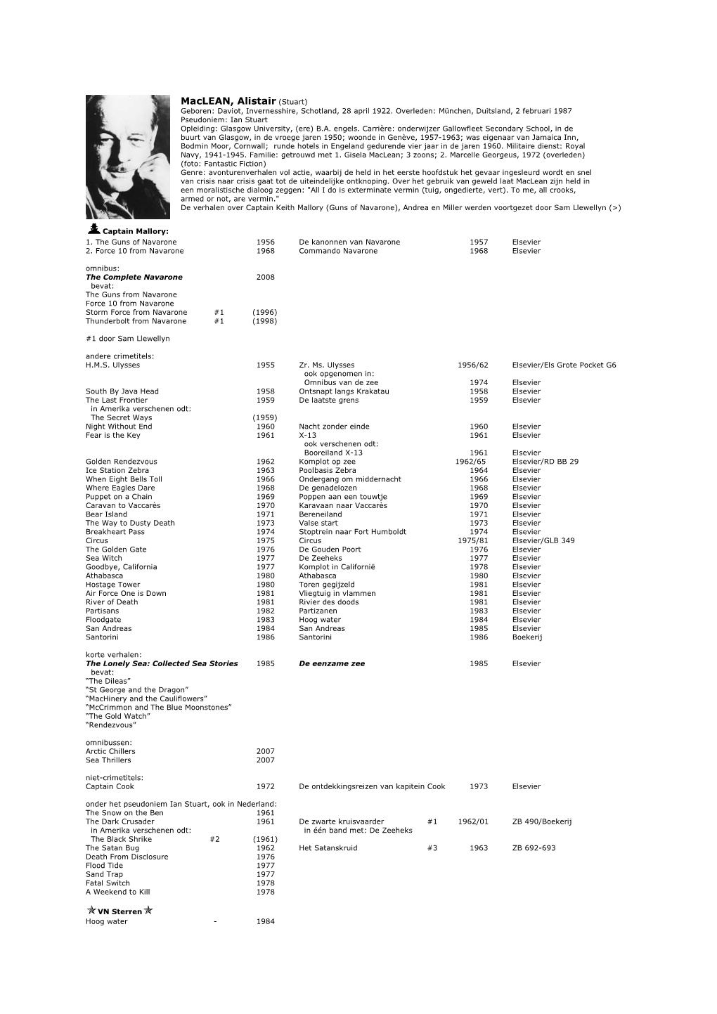 Maclean, Alistair (Stuart) Geboren: Daviot, Invernesshire, Schotland, 28 April 1922