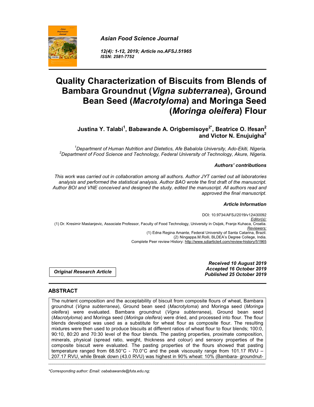 Quality Characterization of Biscuits from Blends of Bambara Groundnut (Vigna Subterranea), Ground Bean Seed (Macrotyloma) and Moringa Seed (Moringa Oleifera) Flour