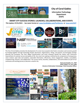 SMART CITY SUCCESS STORIES: LAUNCHES, COLLABORATIONS, and EVENTS This Update: 07/31/2021 - See Latest Version at Or Issuu.Com/CGIT