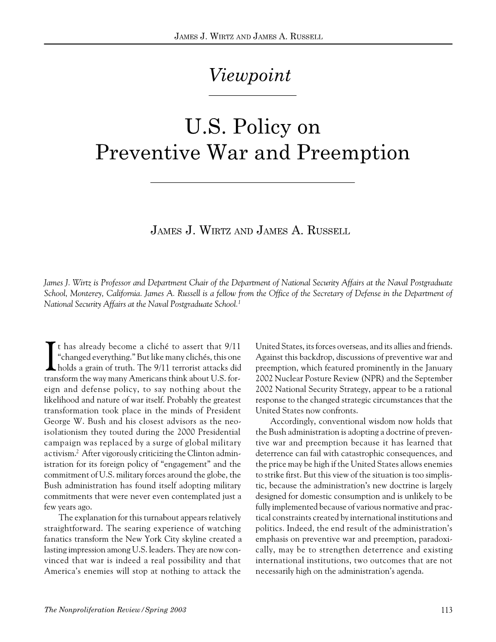 NPR10.1: U.S. Policy on Preventive War and Preemption