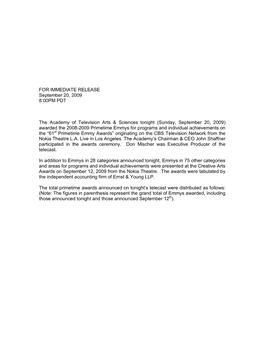 2009 Primetime Press Release