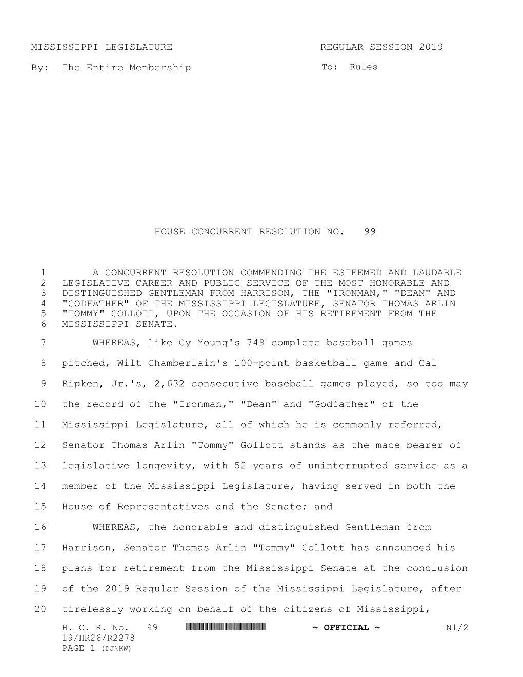 MISSISSIPPI LEGISLATURE REGULAR SESSION 2019 By