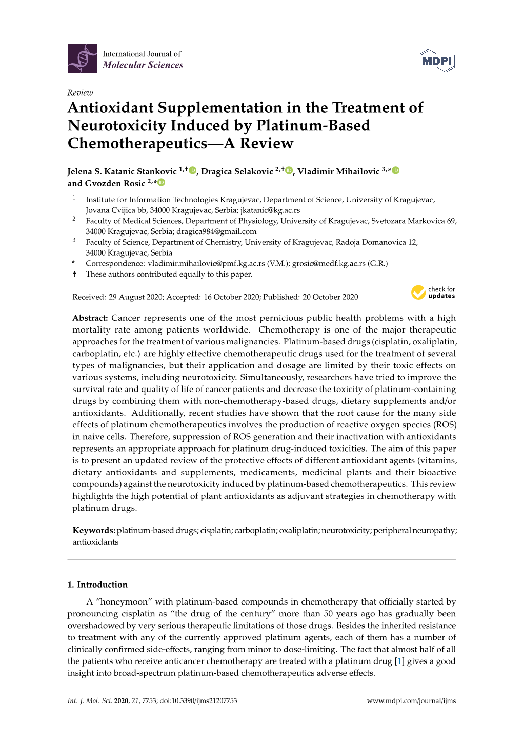 Antioxidant Supplementation in the Treatment of Neurotoxicity Induced by Platinum-Based Chemotherapeutics—A Review