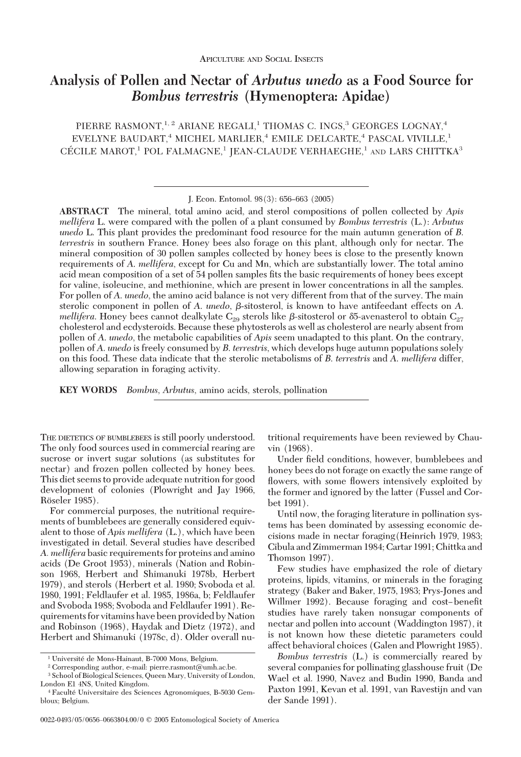 Analysis of Pollen and Nectar of Arbutus Unedo As a Food Source for Bombus Terrestris (Hymenoptera: Apidae)