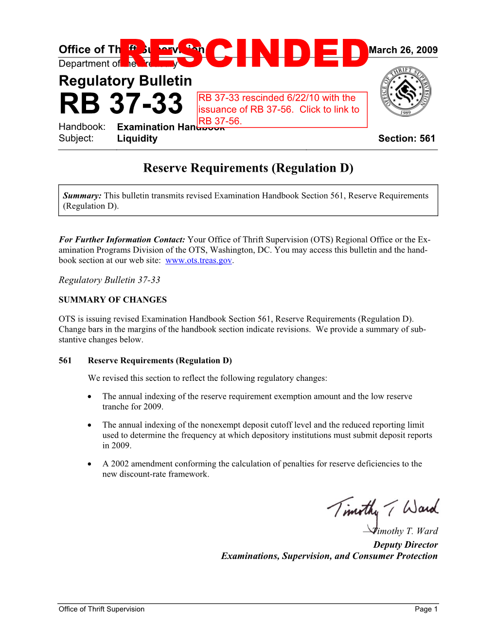 RB 37-33, Reserve Requirements (Regulation D), March 2009