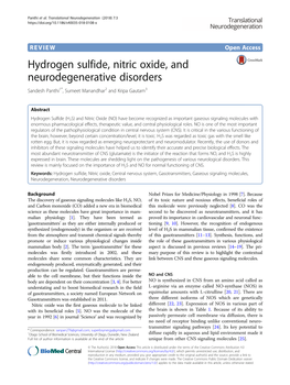 Hydrogen Sulfide, Nitric Oxide, and Neurodegenerative Disorders Sandesh Panthi1*, Sumeet Manandhar2 and Kripa Gautam3