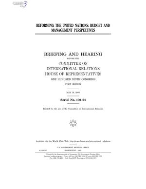 Reforming the United Nations: Budget and Management Perspectives