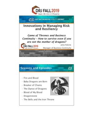 Innovations in Managing Risk and Resiliency Innovations in Managing