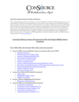 Correlated Primary Source Documents for We the People Middle School Textbook