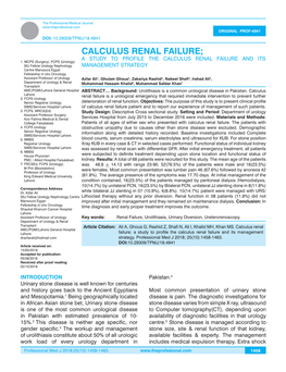 Calculus Renal Failure; a Study to Profile the Calculus Renal Failure and Its 1