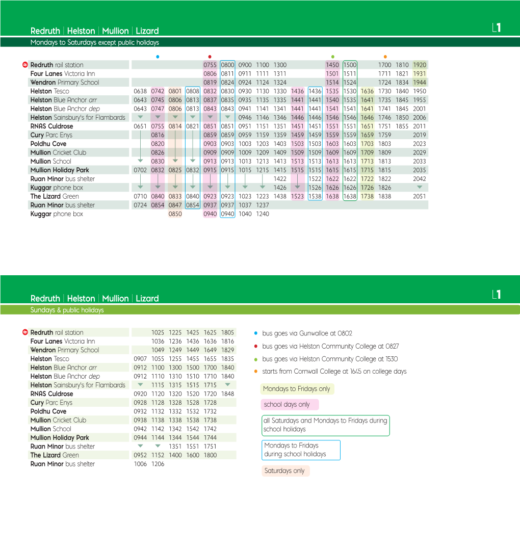 Helston | Mullion | Lizard L1 Mondays to Saturdays Except Public Holidays