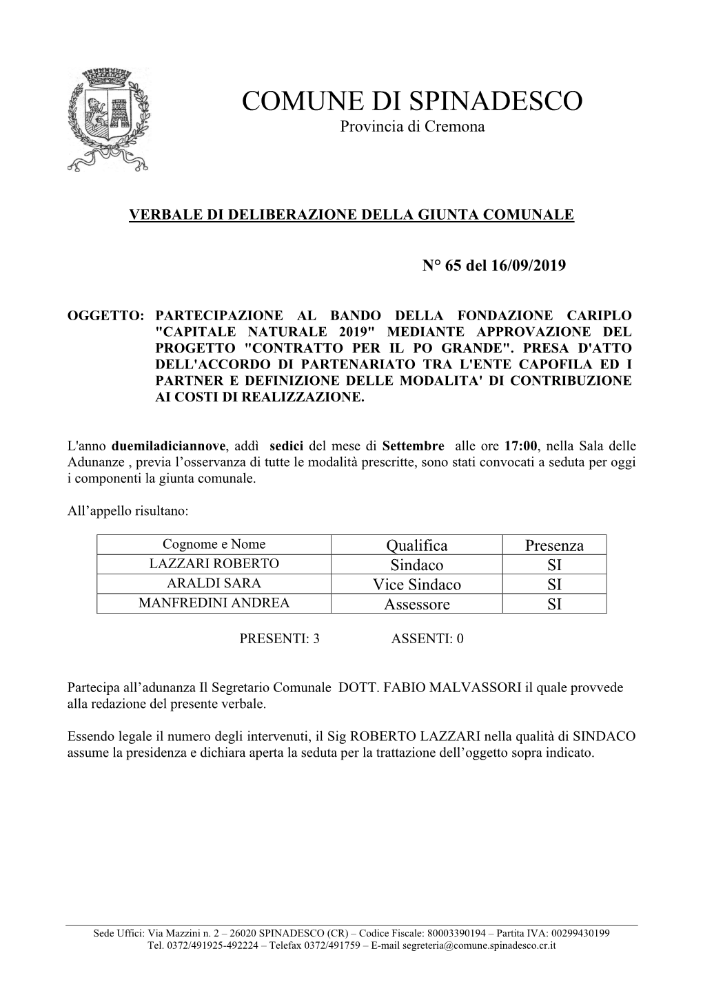 COMUNE DI SPINADESCO Provincia Di Cremona