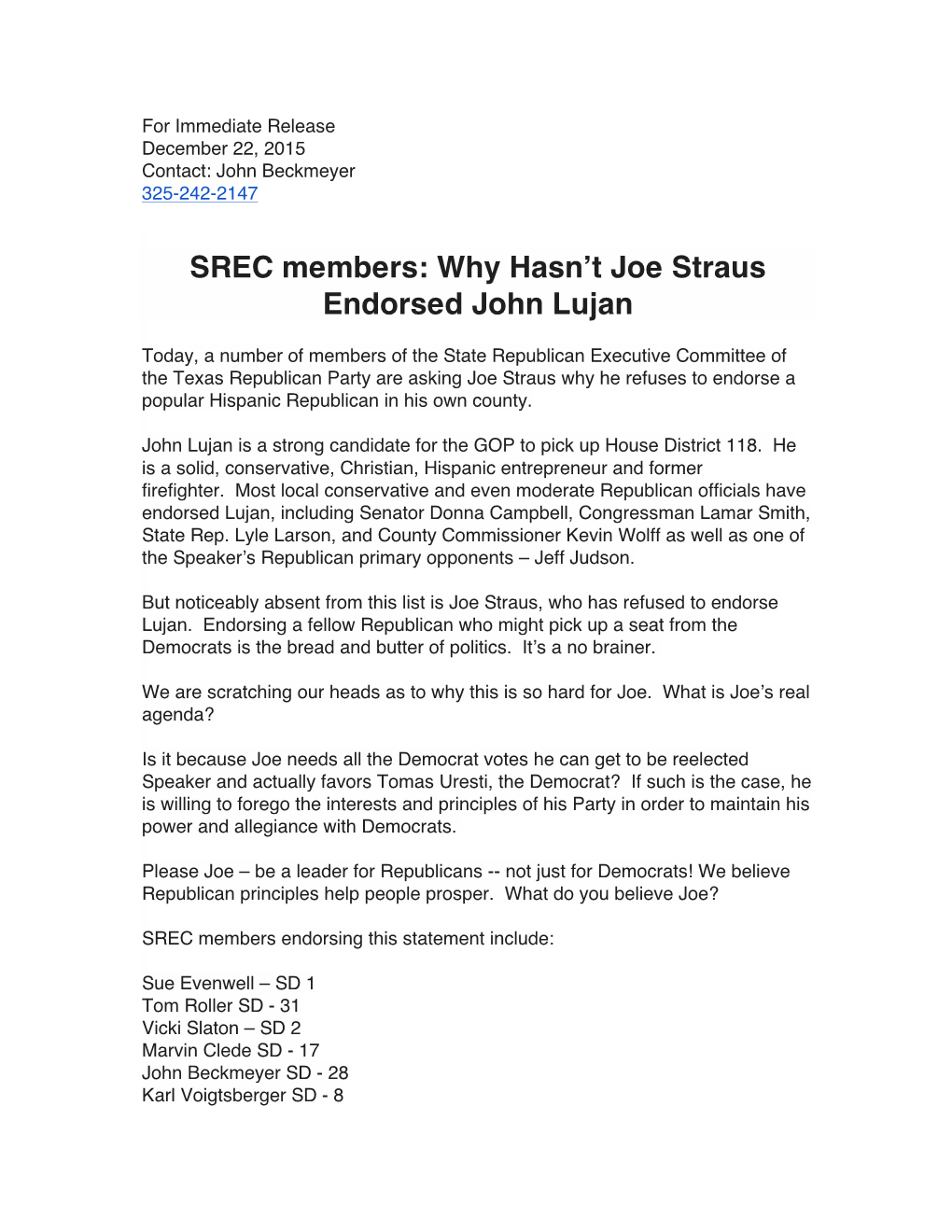 SREC Members: Why Hasn't Joe Straus Endorsed John Lujan