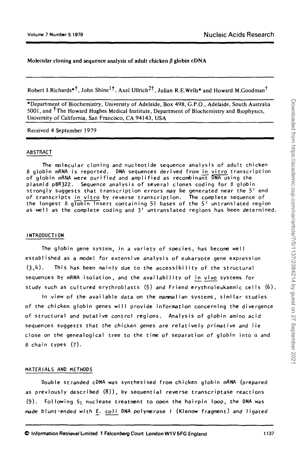 Molecular Cloning and Sequence Analysis of Adult Chicken 0 Globin Cdna Robert I.Richards*''', John Shine't, Axel Ullrich2^, Juli