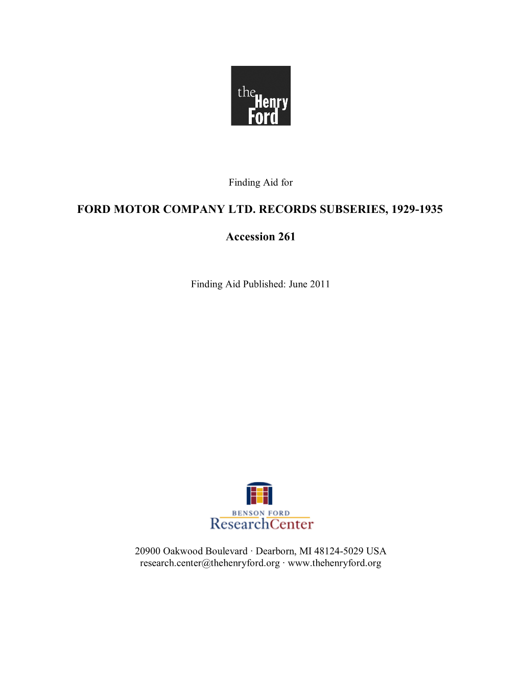 Finding Aid for the Ford Motor Company Ltd. Records Subseries, 1929-1935