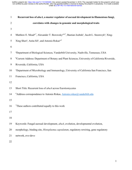 1 Recurrent Loss of Abaa, a Master Regulator of Asexual Development in Filamentous Fungi