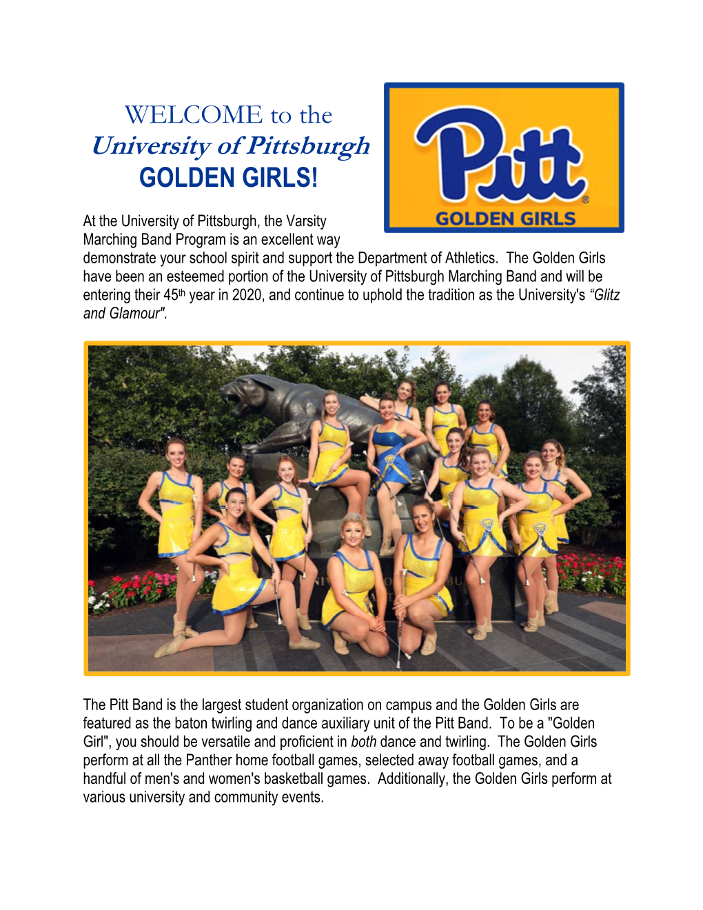 WELCOME to the University of Pittsburgh GOLDEN GIRLS!
