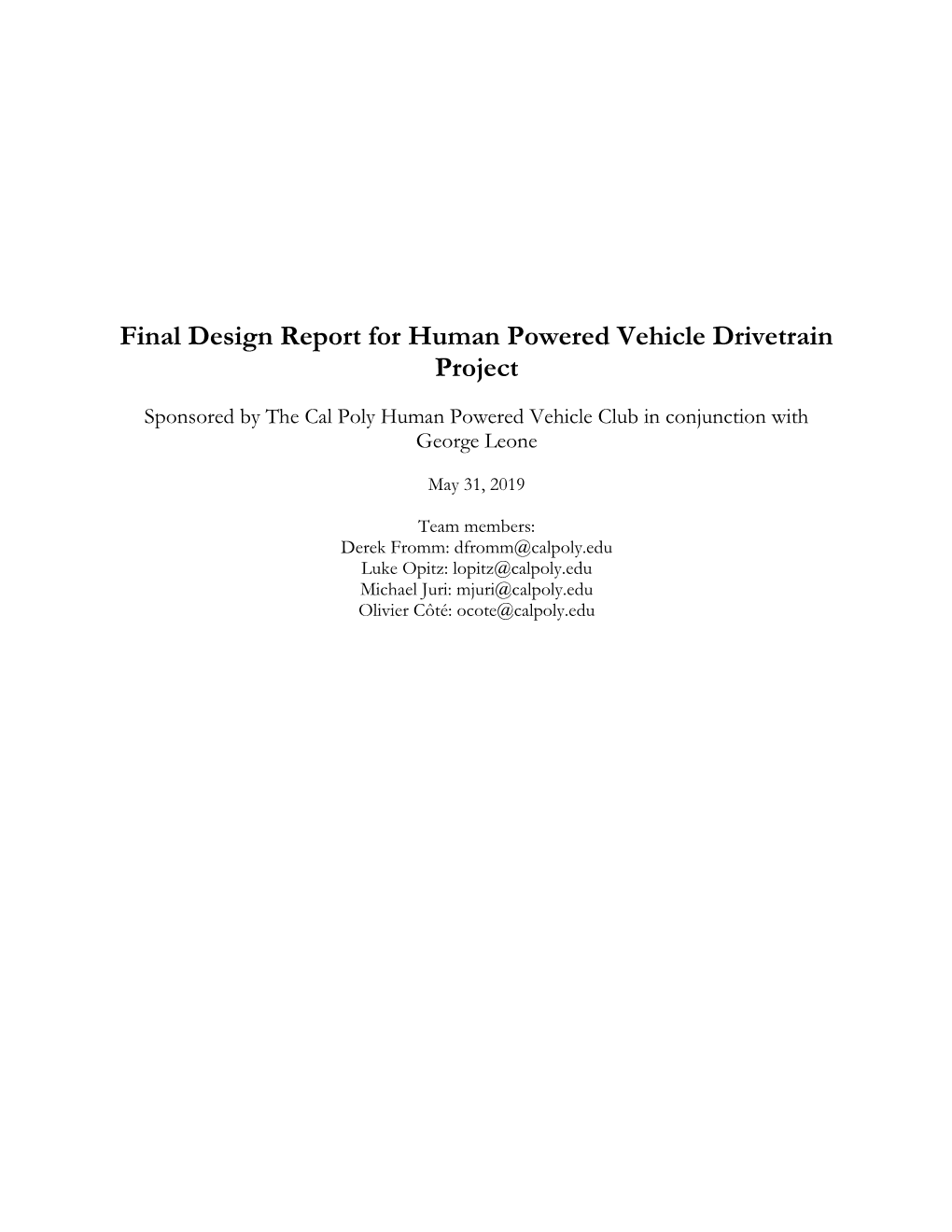 Final Design Report for Human Powered Vehicle Drivetrain Project