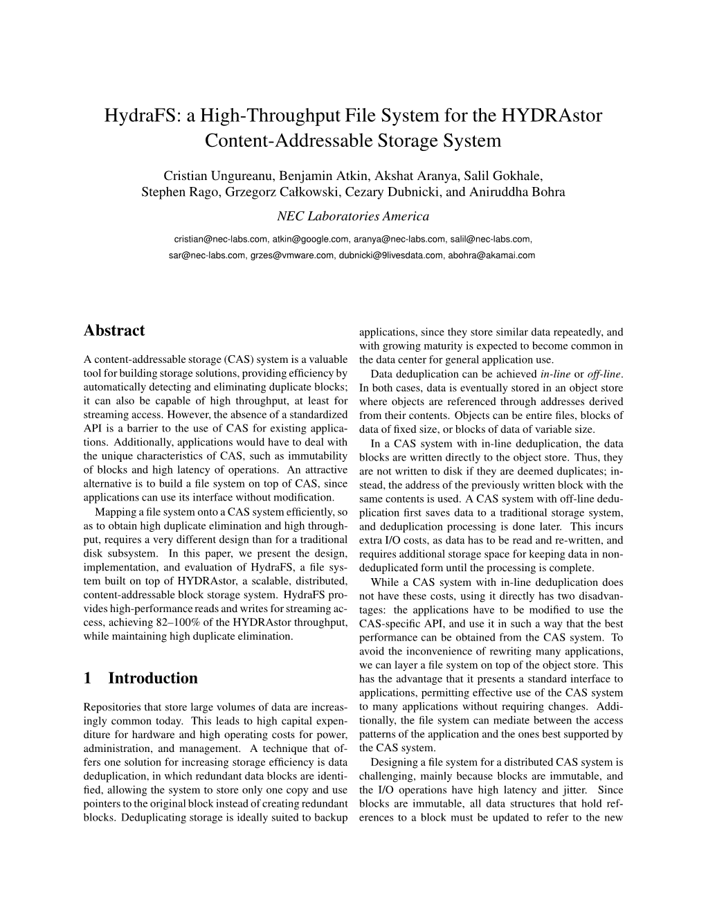 A High-Throughput File System for the Hydrastor Content-Addressable Storage System