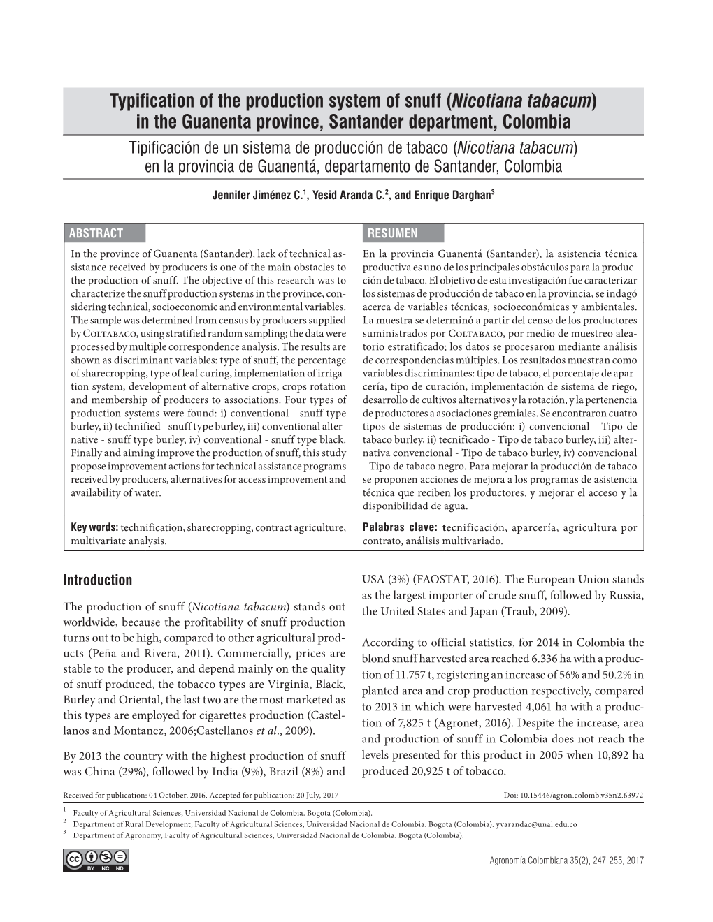 Typification of the Production System of Snuff (Nicotiana Tabacum) in the Guanenta Province, Santander Department, Colombia