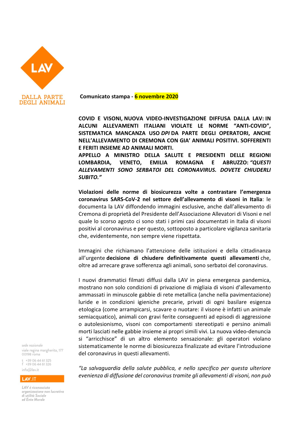 Comunicato Stampa - 6 Novembre 2020