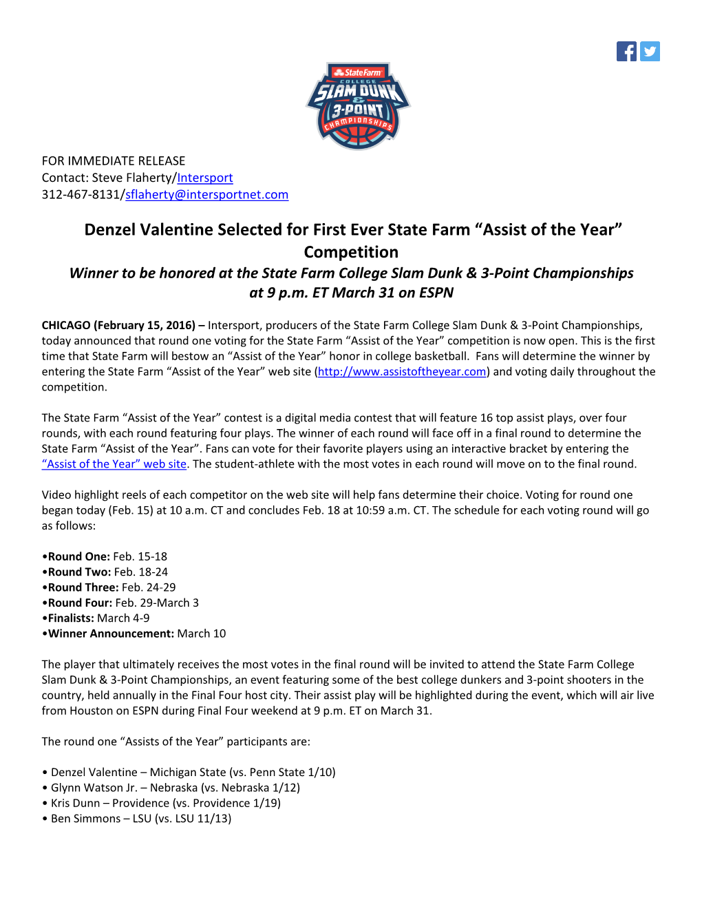 Denzel Valentine Selected for First Ever State Farm “Assist of the Year