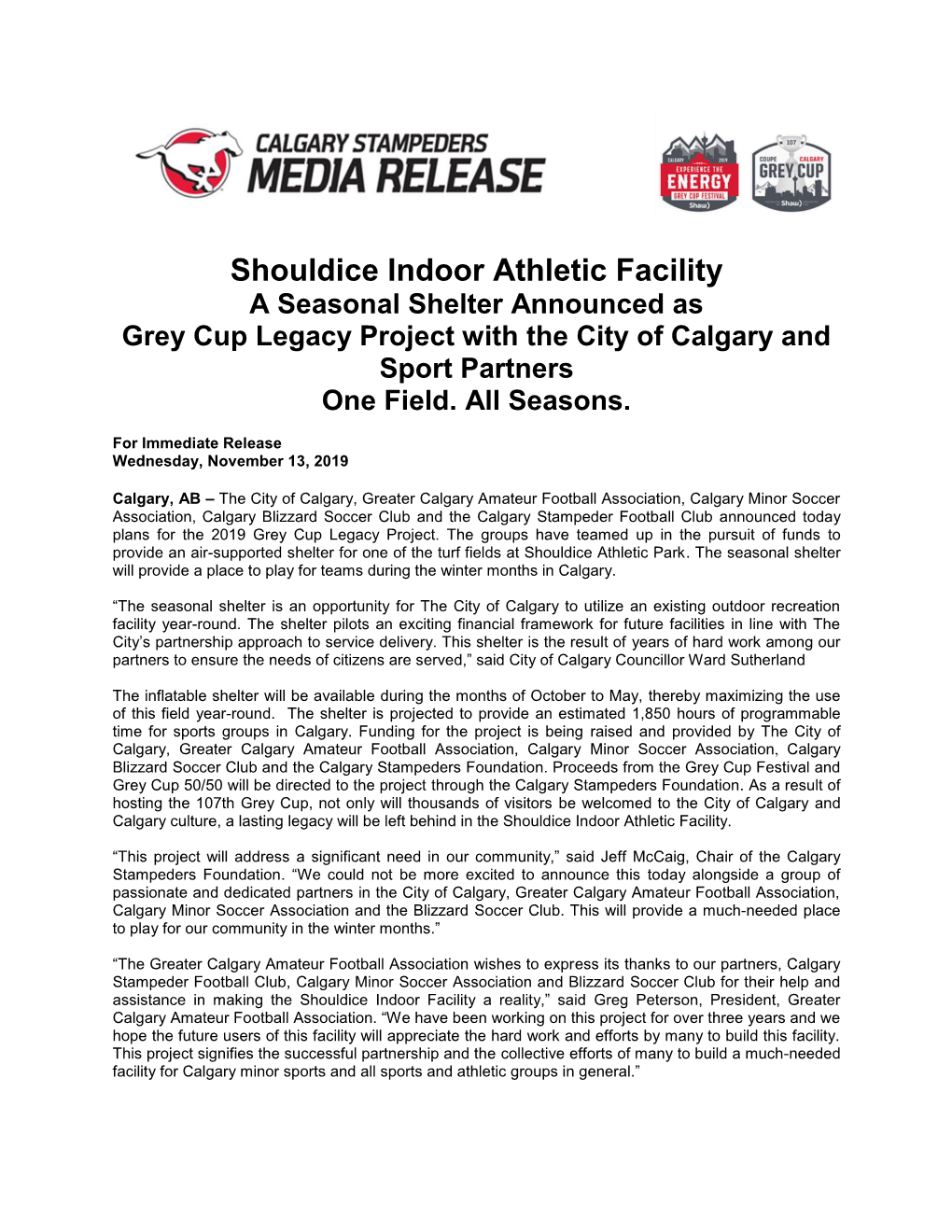 Shouldice Indoor Athletic Facility a Seasonal Shelter Announced As Grey Cup Legacy Project with the City of Calgary and Sport Partners One Field