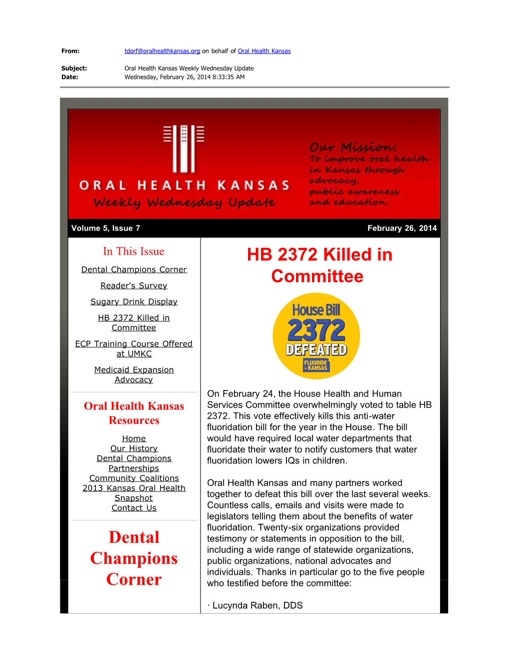 Dental Champions Corner HB 2372 Killed In