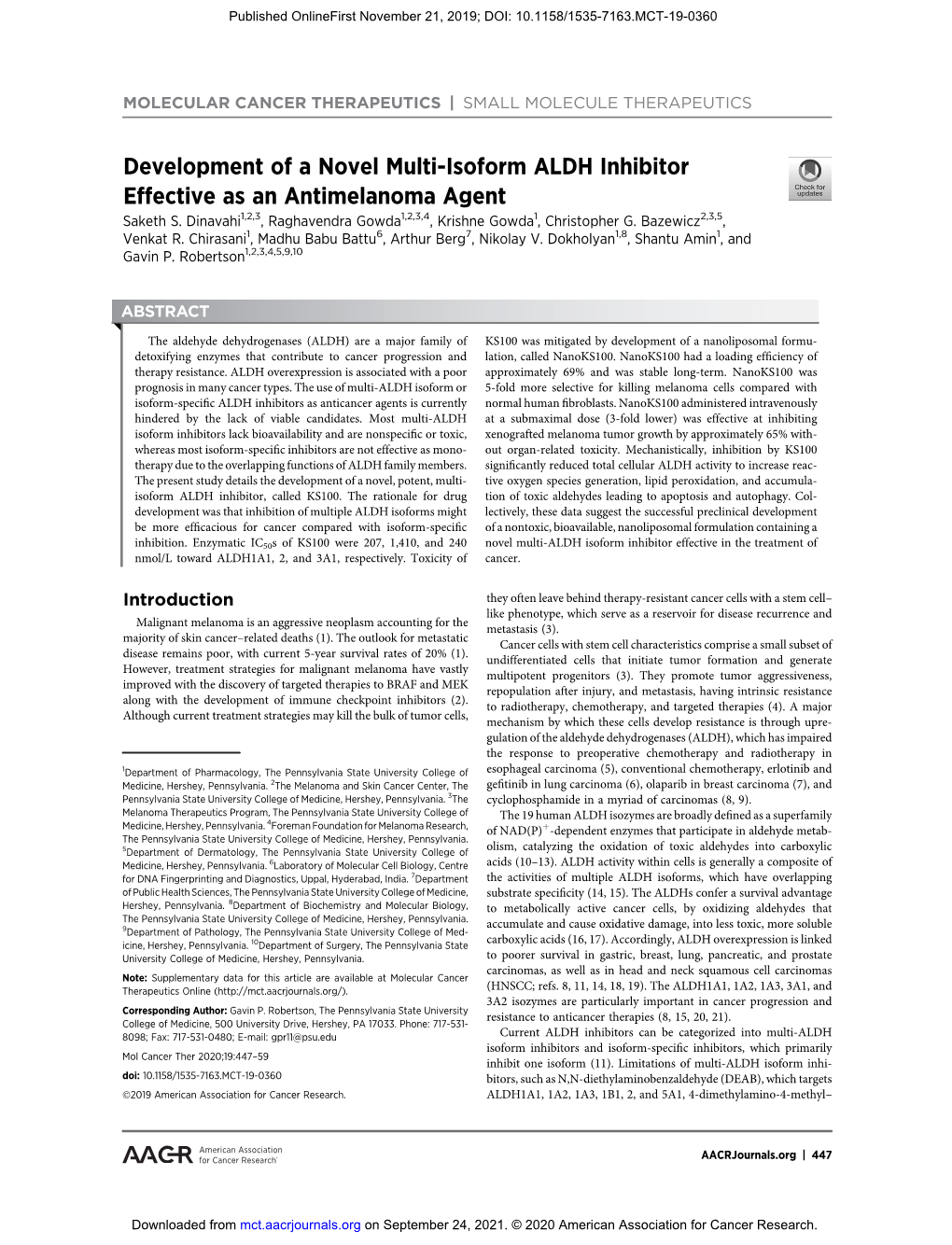 Development of a Novel Multi-Isoform ALDH Inhibitor Effective As an Antimelanoma Agent Saketh S