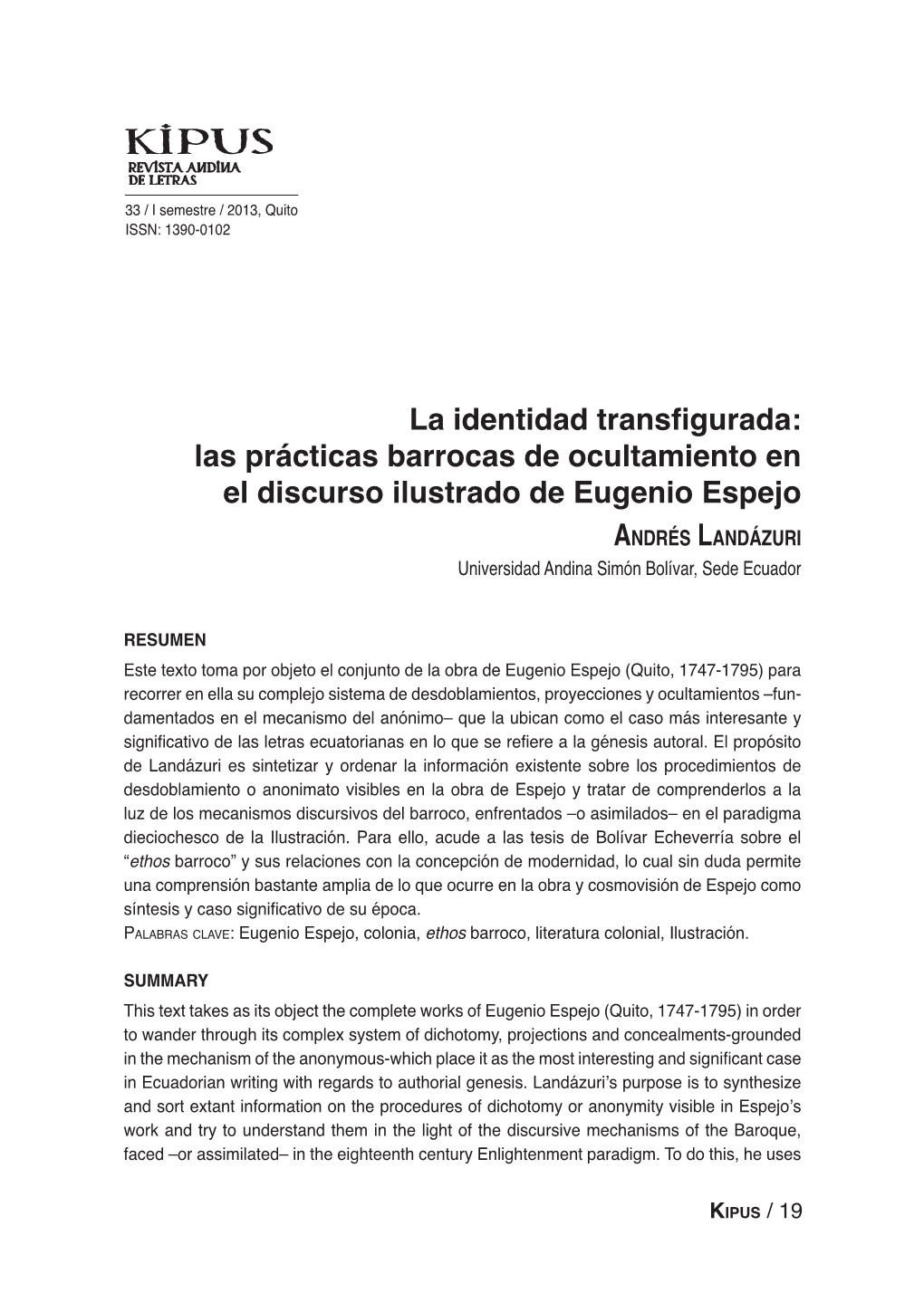 Las Prácticas Barrocas De Ocultamiento En El Discurso Ilustrado De Eugenio Espejo Andrés Landázuri Universidad Andina Simón Bolívar, Sede Ecuador