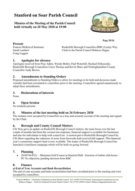 Minutes of the Parish Council Meeting – 20 May 2020