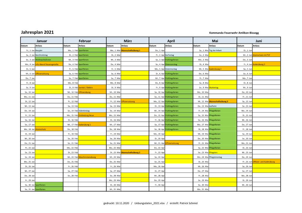 Jahresplan 2021 Kommando Feuerwehr Amlikon-Bissegg