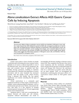 Alisma Canaliculatum Extract Affects AGS Gastric Cancer Cells By